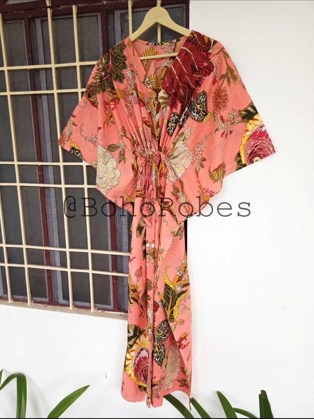 Boho Floral Pink Kaftan light cotton dress with drawstring-
